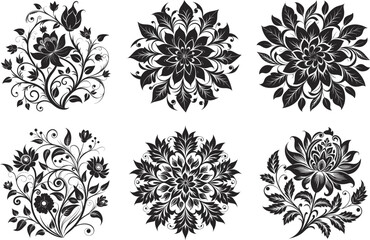 Set of Ornate Black Floral Mandala Designs, Elegant Decorative Patterns for Art and Design