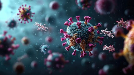 Detailed virus illustration with vibrant colors on dark background.