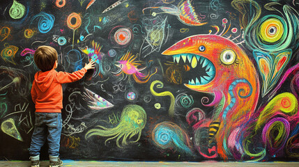 A child’s chalk drawing on a wall coming to life, with the child interacting with vibrant imagined creatures, symbolizing creativity and the power of imagination
