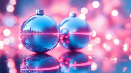 Neon Christmas ornaments in bright blue and pink, reflecting off chrome surfaces, illuminated by holographic lights, futuristic, 3D render, high contrast, vibrant colors