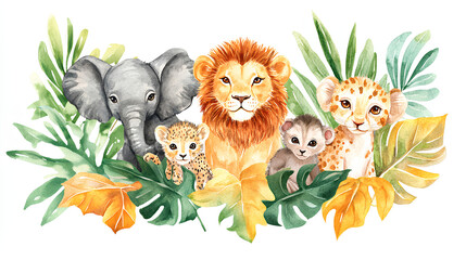 Animal tropical leaves watercolor