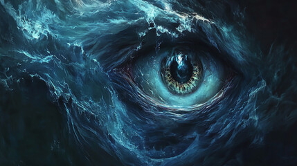 A close-up of a monstrous eye peering out from underwater, surrounded by swirling dark waters
