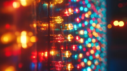 Obraz premium Close-up of Christmas lights with a tech twist, bright red, green, yellow, and blue LEDs reflecting off metallic surfaces, intricate light details
