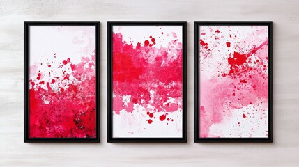 Abstract Red Grunge Squares Minimalist Wall Art Trio on White Background