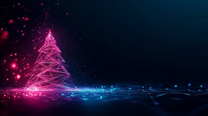 A sleek Christmas tree in a dark room, its holographic decorations emitting a soft glow in shades of cyan and magenta, surrounded by geometric light patterns, Futuristic, Neon