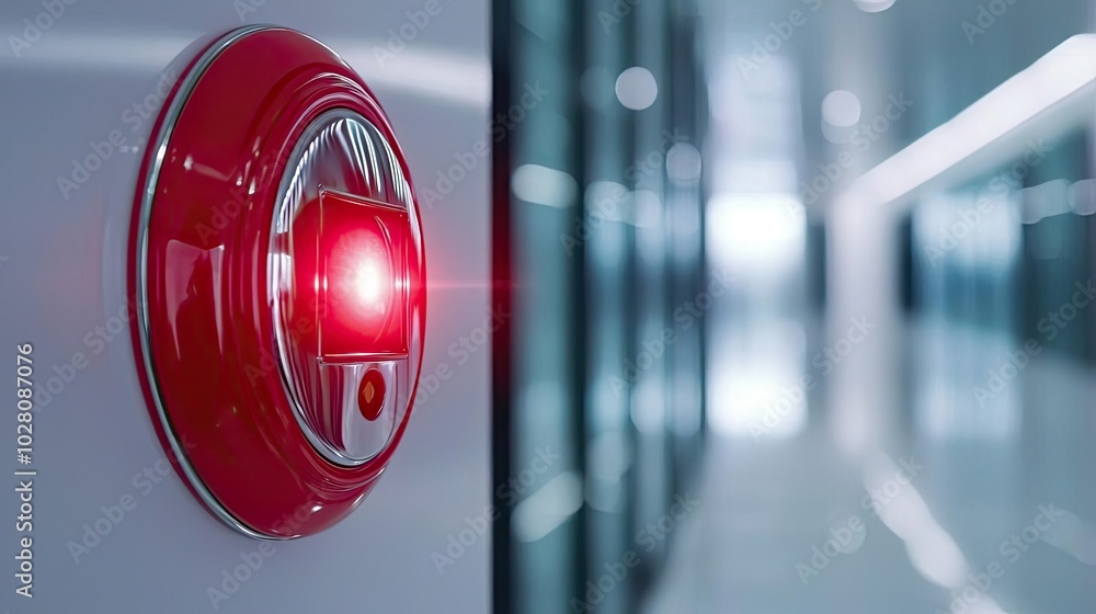 Poster emergency alarm button with red light glowing in a modern corridor.