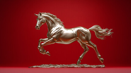 A dynamic horse statue in mid-gallop, set against a bold red background