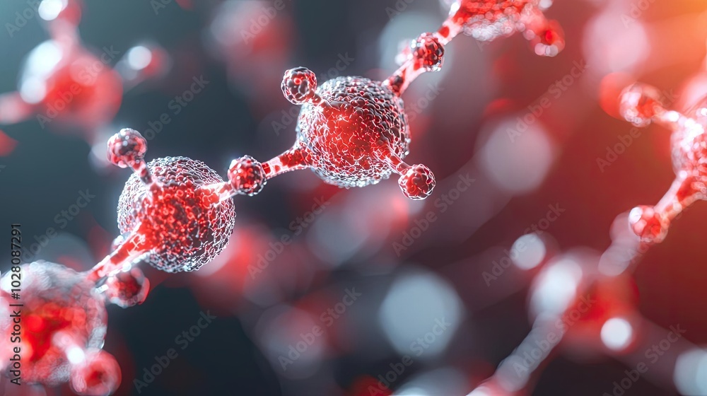 Poster close-up of red molecular structure on dark background with soft lighting effects.