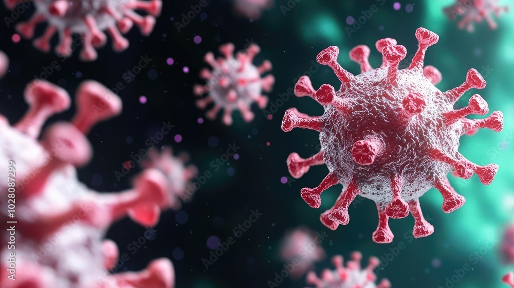 Poster microscopic view of virus cells floating in space, colorful abstract background