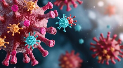 Fototapeta premium Colorful virus particles on a blue background, showcasing intricate details.