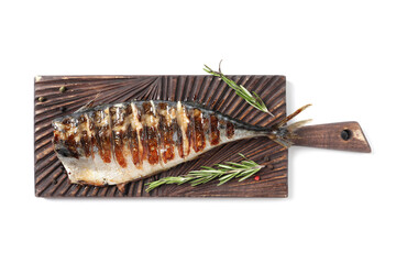 Board with delicious grilled mackerel, peppercorns and rosemary isolated on white, top view