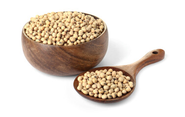 Soy beans in bowl and spoon isolated on white