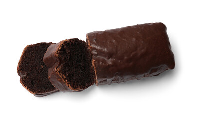 Tasty chocolate sponge cake isolated on white, above view