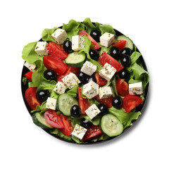 Delicious salad with feta cheese isolated on white, top view