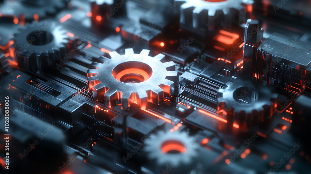 Poster interconnected gears and circuitry symbolizing synergy between technology and business processes