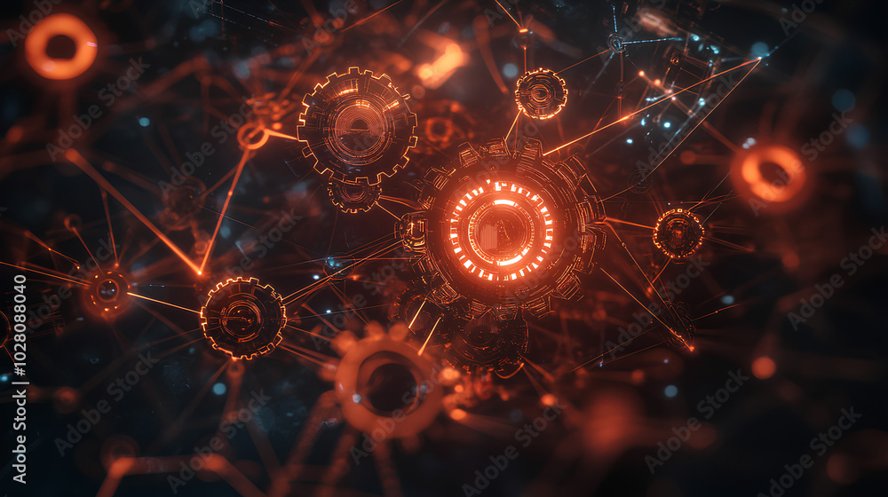 Poster interconnected gears and circuitry symbolizing synergy between technology and business processes