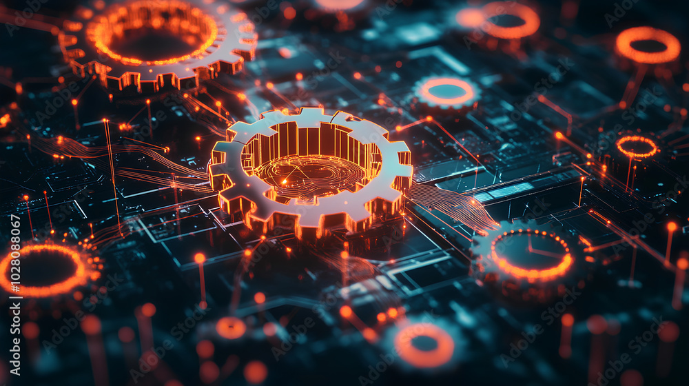 Poster interconnected gears and circuitry symbolizing synergy between technology and business processes