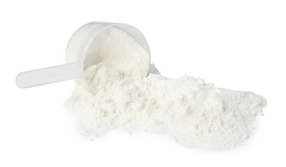 Protein powder and scoop isolated on white