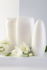 Different deodorants and beautiful eustoma flowers on white background