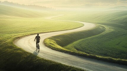 A man riding a bicycle along a winding road, representing the journey of life and the pursuit of happiness