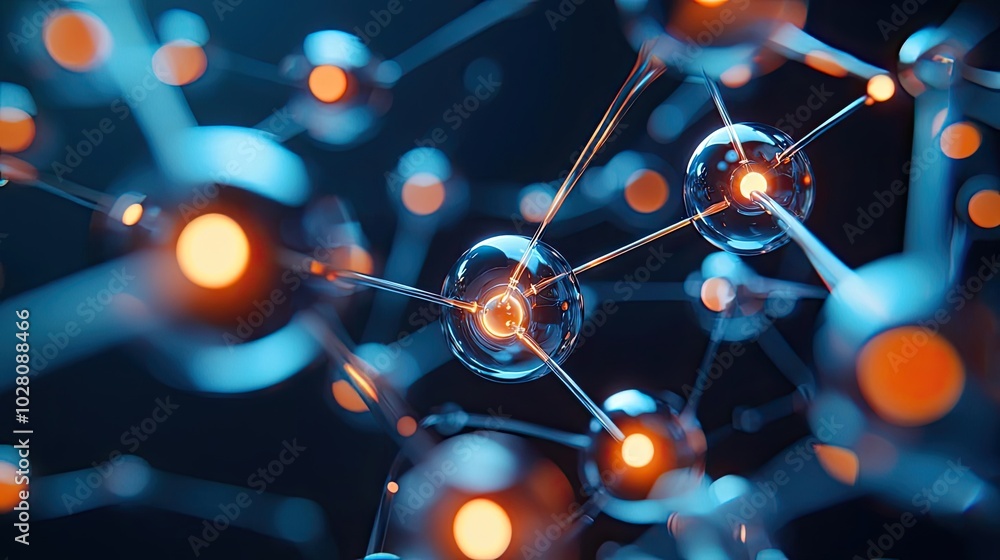 Poster abstract molecular structure with glowing particles on a dark background.