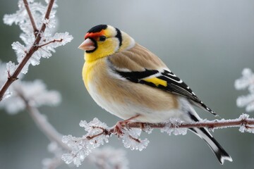 Fototapeta premium Goldfinch in a Frosty Morning Landscape