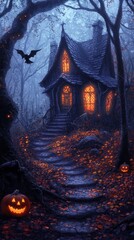 A cute whimsical house in the woods with interesting archways and structure. 
