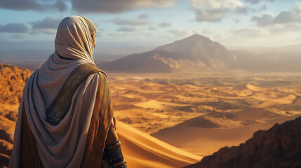 Amazigh man in traditional robes, with the vast Sahara Desert in the background