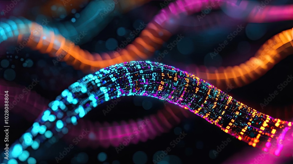 Poster abstract colorful wave design with glowing lights on a dark background.