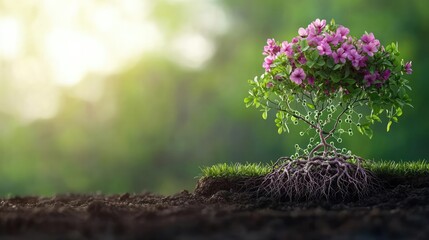 Beautiful tree with pink flowers and roots in a serene environment.