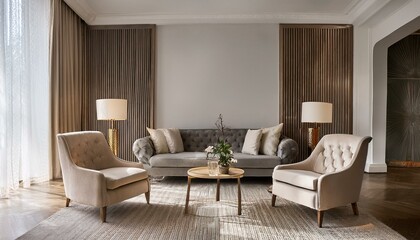 Boucle lounge chairs and sofa in classic room. Minimalist interior design of modern living room.