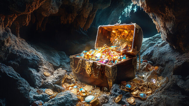 A treasure chest overflowing with jewels and gold, set against a backdrop of a hidden cave