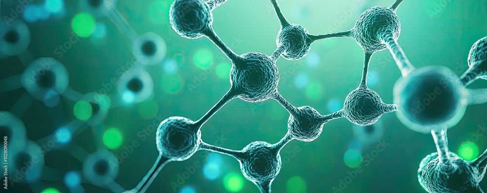 Poster molecular structure with green and blue particles, floating in space.