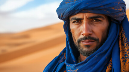 Amazigh man in traditional robes, with the vast Sahara Desert in the background