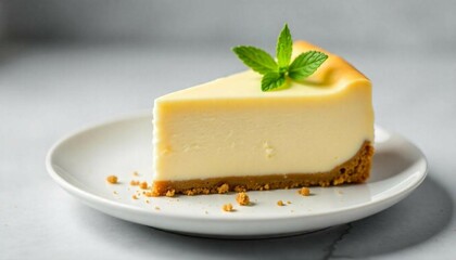 A smooth and creamy slice of classic cheesecake on a plain white plate, with a golden-brown graham cracker crust and delicate crumbs scattered beside it, set against a neutral background.