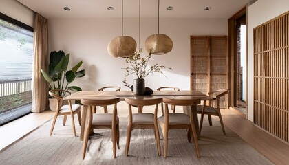 Minimalist, japandi interior design of modern living room with dining table.