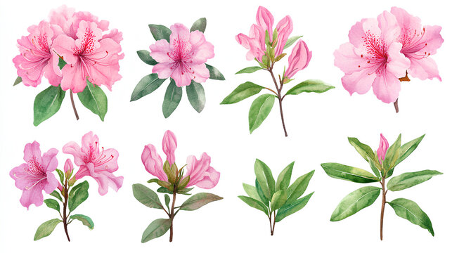 Tropical Flowers and leaves set, azalea isolated white background, watercolor painting illustration, rhododendron Pink flower, floral clipart - Powered by Adobe