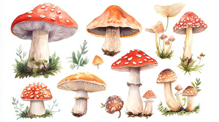Watercolor colorful Mushroom Collection Boletus, Chanterelles, Fly Agarics. Set illustration isolated white background