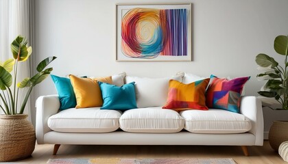 Scandinavian interior design of modern living room, home. Colorful vibrant pillows on white sofa against wall with art poster frame.