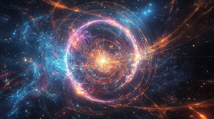 Obraz premium An abstract representation of a portal in the universe, with light beams radiating from its edges, surrounded by a dark, starry sky filled with constellations