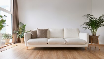 White sofa on wooden parquet. Minimalist, scandinavian home interior design of modern living room.
