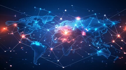 A digital representation of the world with glowing lines connecting continents.