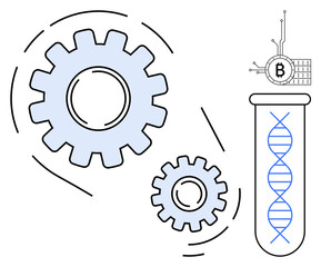 Large and small gears alongside a DNA helix inside a test tube with a digital currency icon create a tech-focused visual. Ideal for technology innovation, biotechnology, digital finance, engineering
