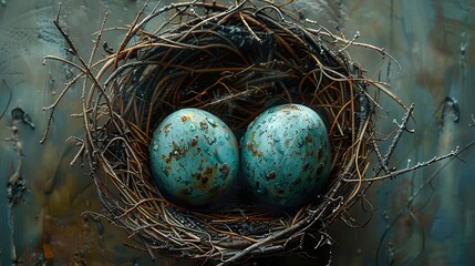 Obraz premium Blue Bird Eggs in a Nest: A Close-Up View of Nature's Beauty