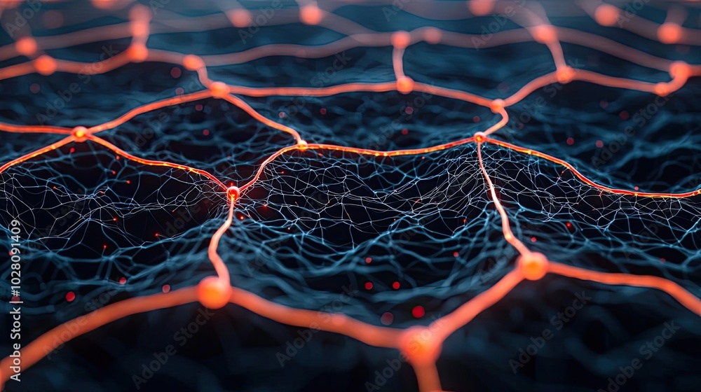 Aufkleber abstract network structure with glowing orange connections on a dark background.