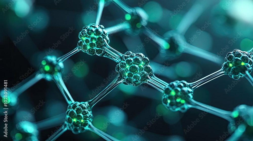 Poster abstract representation of molecular structure with glowing connections.