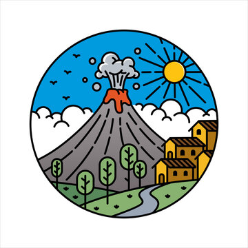 volcano erupting over town in circle clip art preview