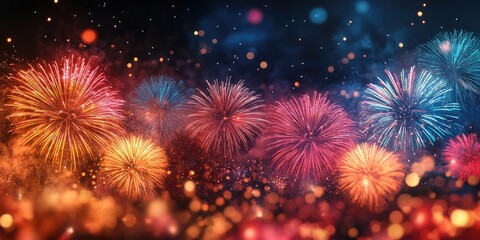 Fototapeta premium Happy New Year 2025 greeting in elegant Bengali typography, surrounded by vibrant colored fireworks and sparkling particles against a black night sky.