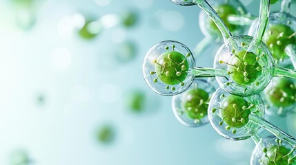 Molecular structure with green spheres on a soft blue gradient background.
