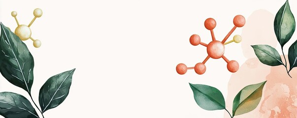 Fototapeta premium Vibrant leaves with molecular shapes on a soft background.